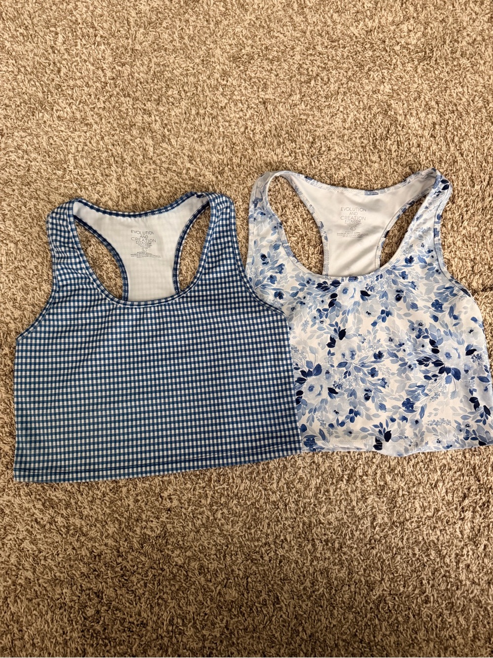 Evolution & Creation Blue Gingham & Blue Floral Racerback Sports Bras
